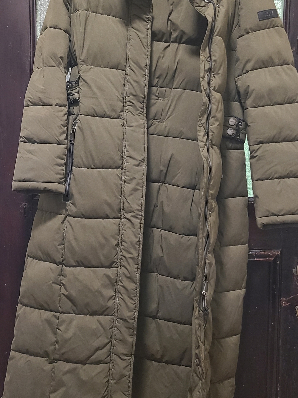 DKNY Olive Green Long Quilted Puffer Coat